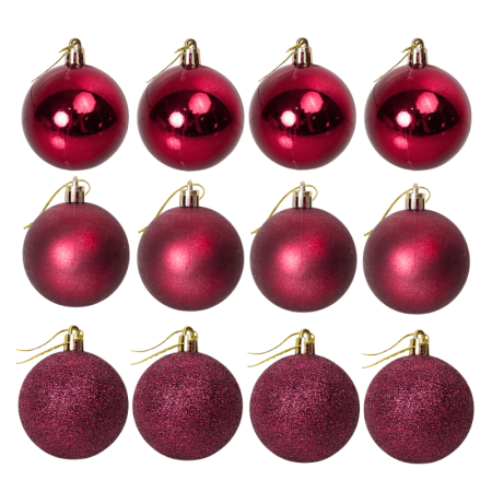 Kit 12 Bolas De Natal Mista Glitter, Fosca E Lisa 5cm - Vinho